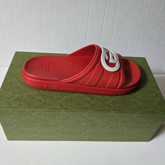 NIB Gucci interlocking G red rubber slides sandals G 11 US 11.5-12 - Picture 5 of 8